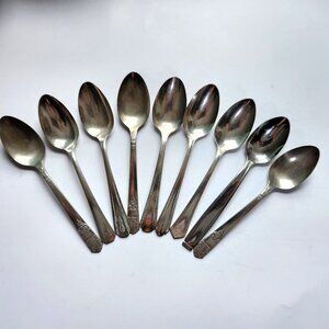 Set of 9 Vintage Teaspoons • Ornate Silver‑Tone • Rustic Kitchen Décor